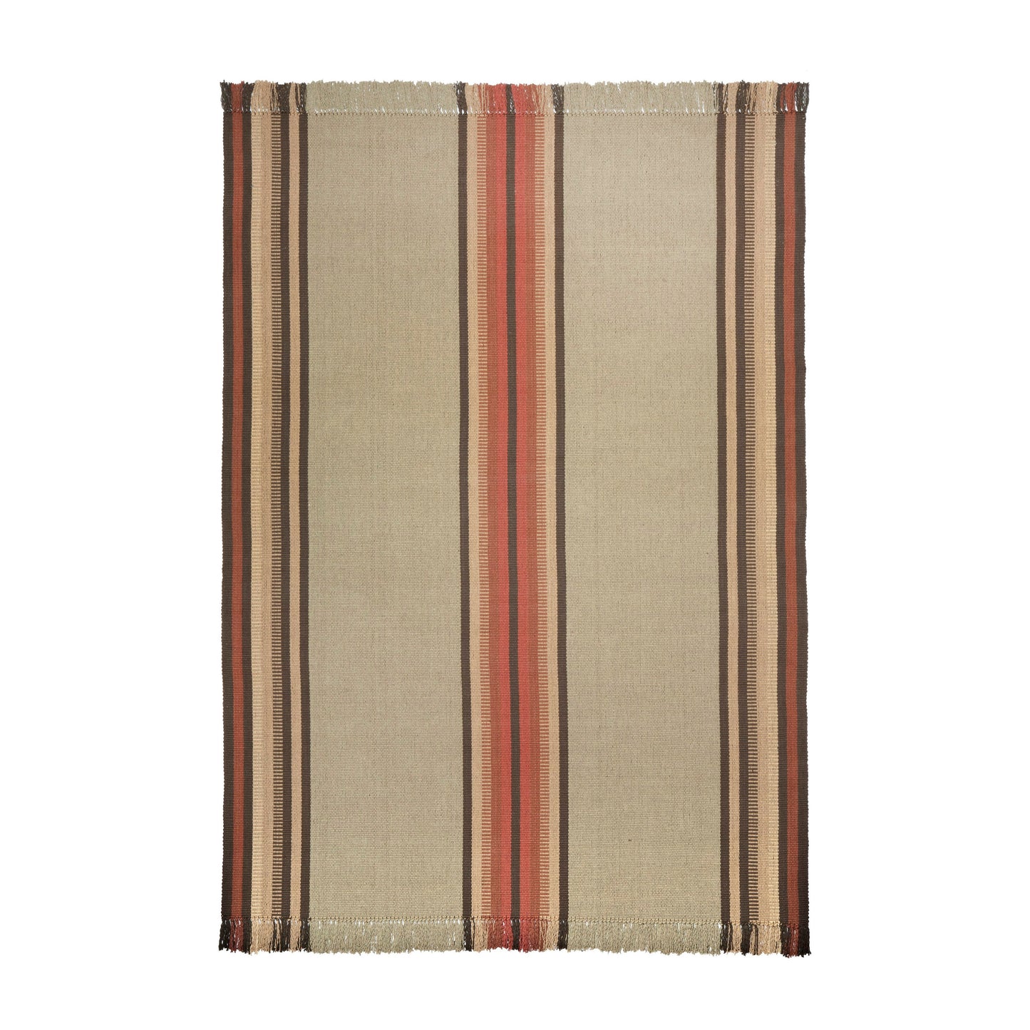 Adamstown is a classic center stripe design that comes in both runner and area rug sizes. It comes in two colorways. This is shown in an area rug size of 4 feet wide and has one central stripe in red, brown, and gold on a khaki background with red, brown and gold stripes on each edge.