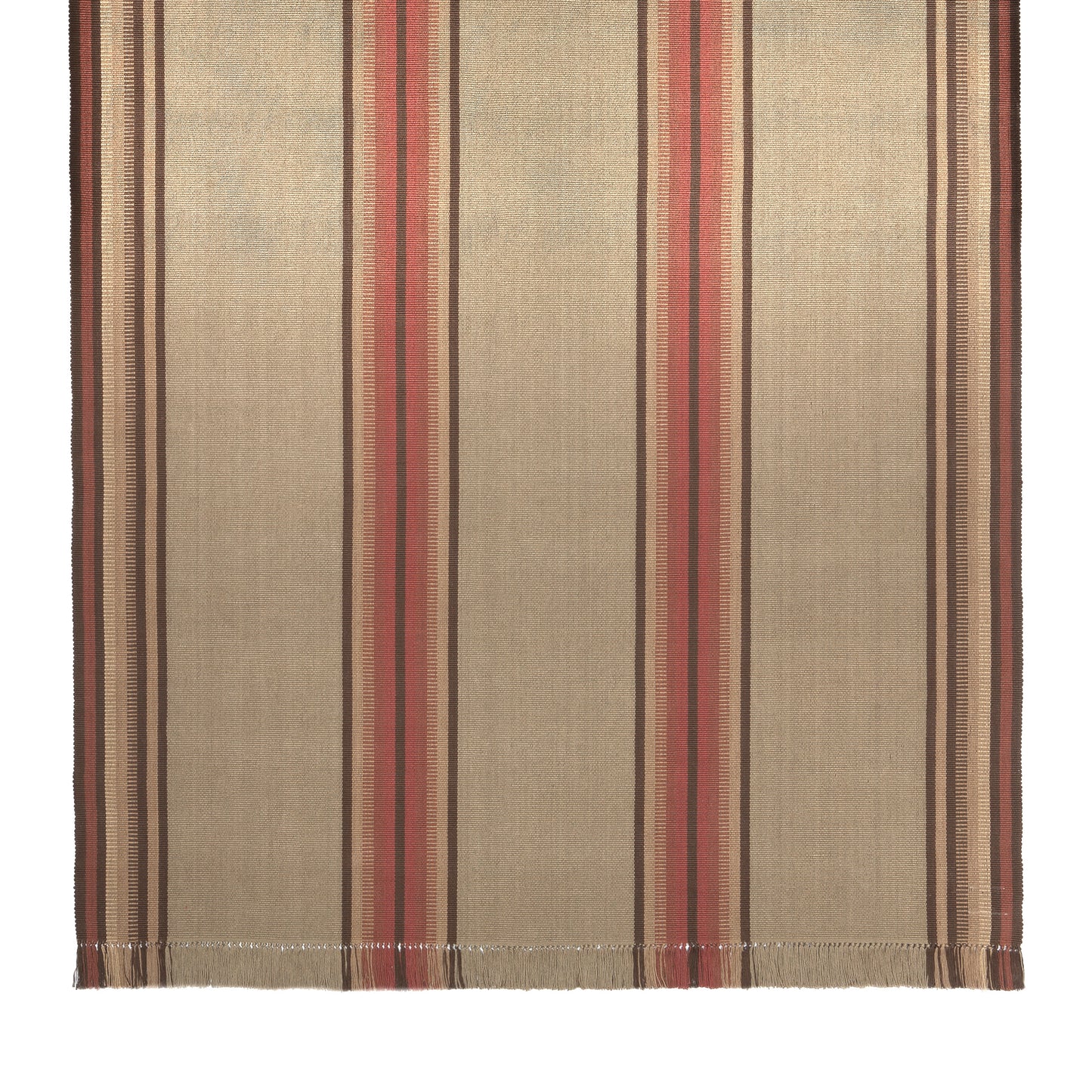 Adamstown is a classic center stripe design that comes in both runner and area rug sizes. It comes in two colorways. This is shown in an area rug size of 6 feet wide and has two central stripes in red, brown, and gold on a khaki background with red, brown and gold stripes on each edge.