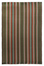 A vertical stripe flat woven rug design with red, rose, mushroom, blue, green, mustard, and brown stripes. Shown here in a 4 foot x 6 foot area rug size with fringed ends.