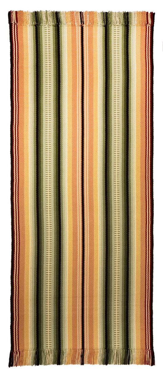 A historic American design offered in two colorways. #51-GR has green, gold, cocoa, mustard, cream and black stripes. Shown here as a 6 foot long runner with fringed ends, but also available as a stair runner, or seamed to an area rug size.