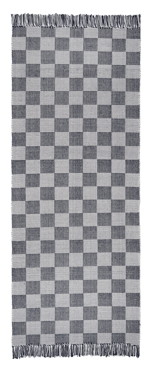 A traditional checkerboard pattern in classic charcoal and beige. Not as harsh as black and white but still within that neutral color palette. Coordinates with all decorating styles from modern to traditional. Shown here in a 6 foot long runner with fringed ends. Also available with bound ends.