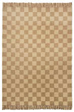 A traditional checkerboard pattern in classic tan and beige. Soft neutral colors coordinate with all decorating styles from modern to traditional. Shown here in an area rug size with fringed ends.