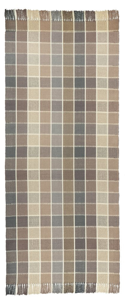 aton Square #43-S is a traditional checked pattern with a more modern feel. It features neutrals including beige, slate, tan and gray with cream lines. Beautiful with either fringed or bound ends. Pictured here as a 30 inch wide runner with fringed ends.