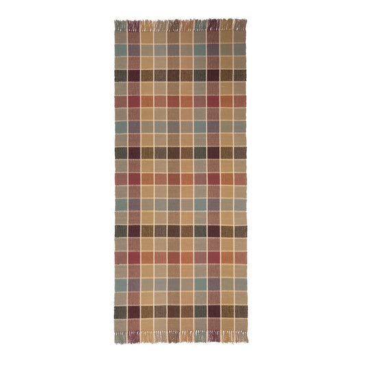 Eaton Square #43-B is a traditional checked pattern in rich, rustic hues of gold, plum, teal, sage and beige with cream lines. Beautiful with fringed or bound ends,. Pictured here in a 30 inch wide runner width.
