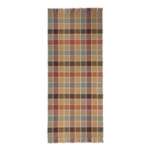 Eaton Square #43-B is a traditional checked pattern in rich, rustic hues of gold, plum, teal, sage and beige with cream lines. Beautiful with fringed or bound ends,. Pictured here in a 30 inch wide runner width.