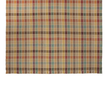 Eaton Square #43-B is a traditional checked pattern in rich, rustic hues of gold, plum, teal, sage and beige with cream lines. Beautiful with fringed or bound ends. Pictured here as a large area rug with fringed ends.