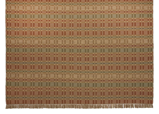 Geometric Checkerboard #90-M is a flat woven check design with various size squares that form an interesting pattern. This colorway works well in a more country or rustic home and features rust, tan, green and blue. This versatile design is shown here in a large room size area rug with fringe.