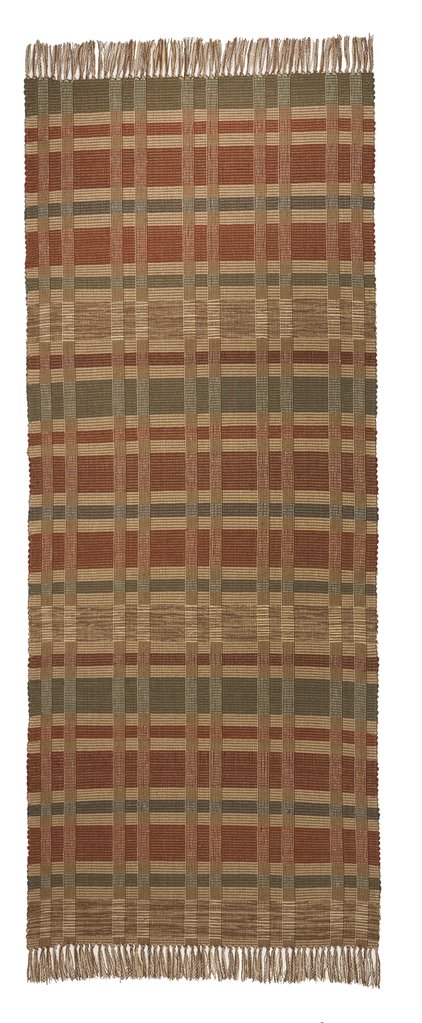 Geometric Checkerboard #90-M is a flat woven check design with various size squares that form an interesting pattern. This colorway works well in a more country or rustic home and features rust, tan, green and blue. This versatile design is shown here in a 27 inch wide runner with fringed ends.