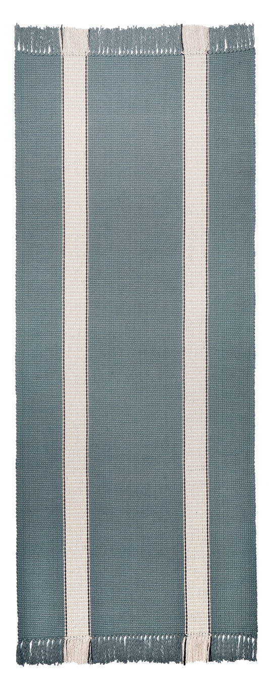 Pennsylvania Bars #1-A-6 features a natural stripe on blue background. Runners include one wide stripe on each side of the rug, while area rug sizes include two stripes per side. This very traditional design is a classic that never goes out of style.