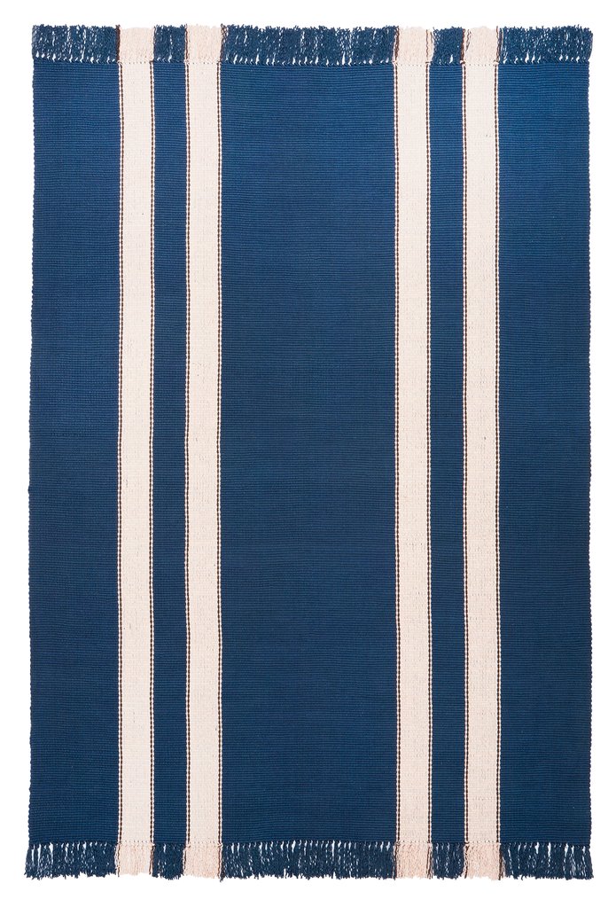 Pennsylvania Bars #21 features a natural stripe on navy blue background. Runners include one wide stripe on each side of the rug, while area rug sizes include two stripes per side. This very traditional design is a classic that never goes out of style.