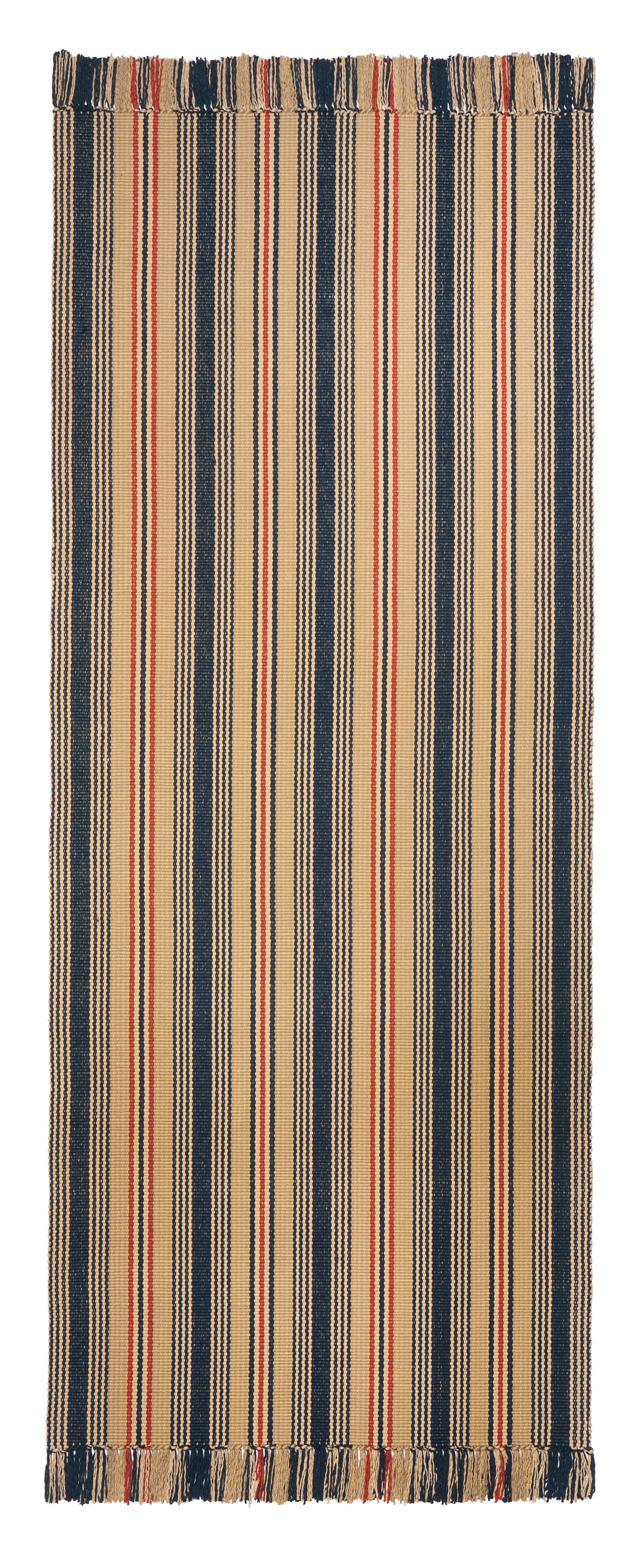 Preston #602 is a traditional vertical stripe design in a muted red, white and blue palette evoking antique Americana. Featuring navy, rust, putty, bisque, light goldenrod and cream stripes. Classical and patriotic, this design is wonderful as a stair runner, hall runner or area rug.
