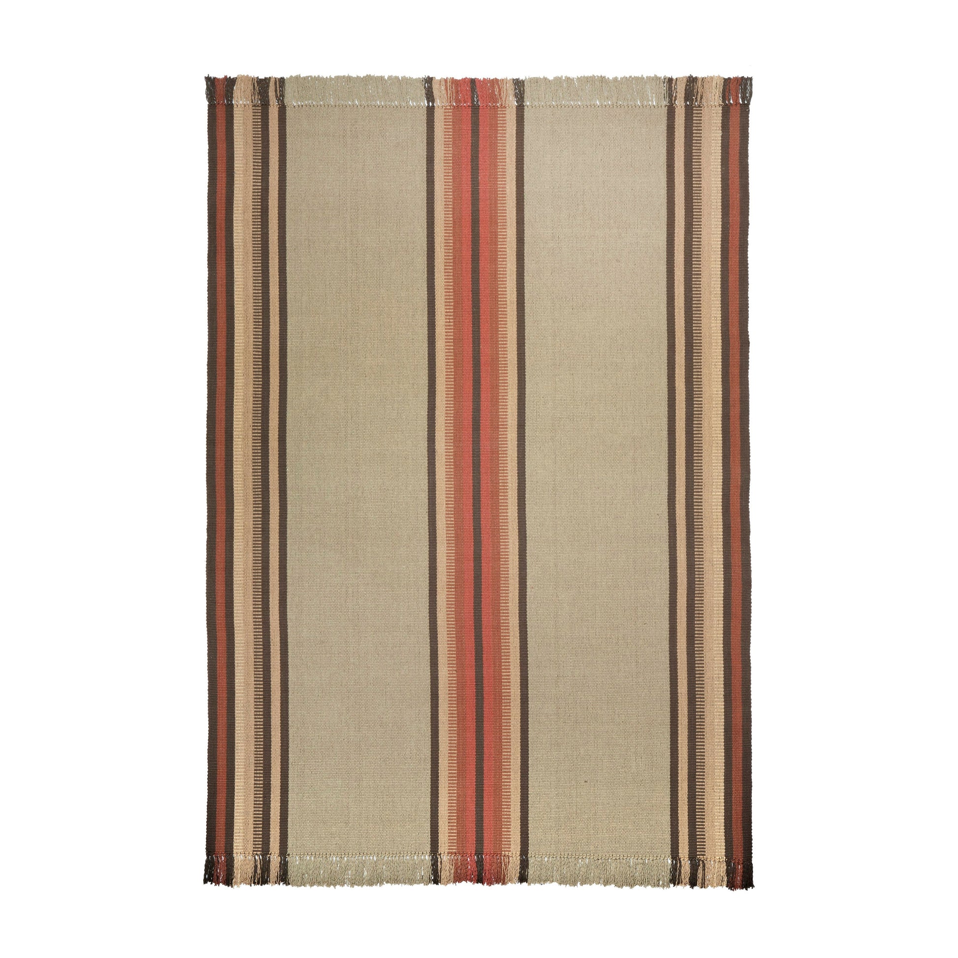Adamstown is a classic center stripe design that comes in both runner and area rug sizes. It comes in two colorways. This is shown in an area rug size of 4 feet wide and has one central stripe in red, brown, and gold on a khaki background with red, brown and gold stripes on each edge.