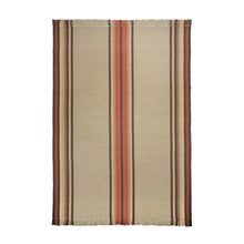 Adamstown is a classic center stripe design that comes in both runner and area rug sizes. It comes in two colorways. This is shown in an area rug size of 4 feet wide and has one central stripe in red, brown, and gold on a khaki background with red, brown and gold stripes on each edge.