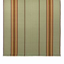 Adamstown is a classic center stripe design that comes in both runner and area rug sizes. It comes in two colorways. This one has rust, green, and brown in two central stripes on a green background with brown stripes on each edge and in the middle. This is shown in a 6 foot wide rug. 