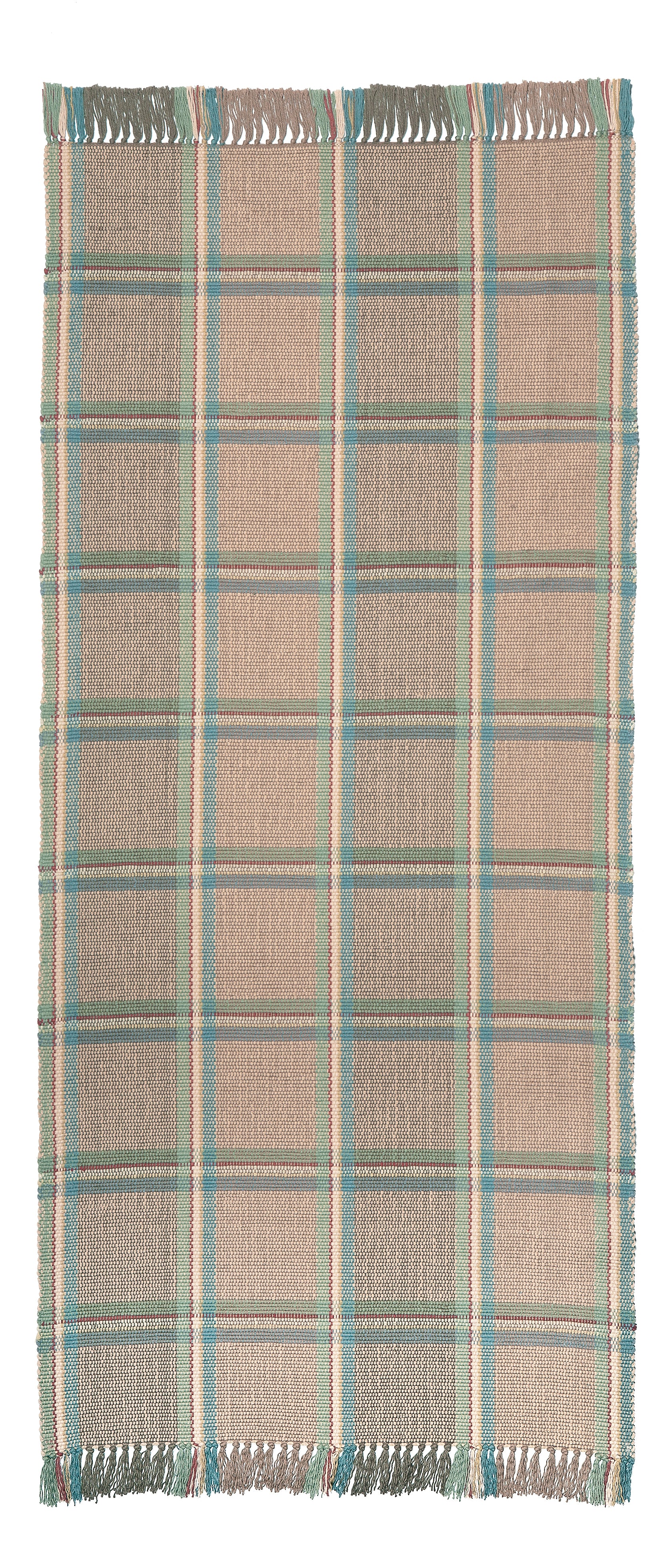 Amagansett #217-C is a versatile windowpane plaid of blue, green, cream, and rust stripes on a sandy background. With hints of blue, green and red and the neutral background, Amagansett coordinates with almost any color palette and is shown here in the 30 inch runner width.