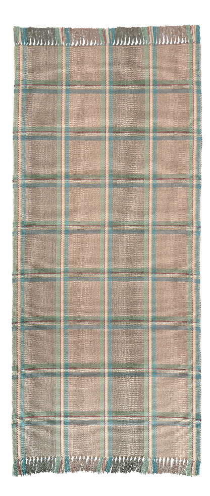 Amagansett #217-C is a versatile windowpane plaid of blue, green, cream, and rust stripes on a sandy background. With hints of blue, green and red and the neutral background, Amagansett coordinates with almost any color palette and is shown here in the 30 inch runner width.