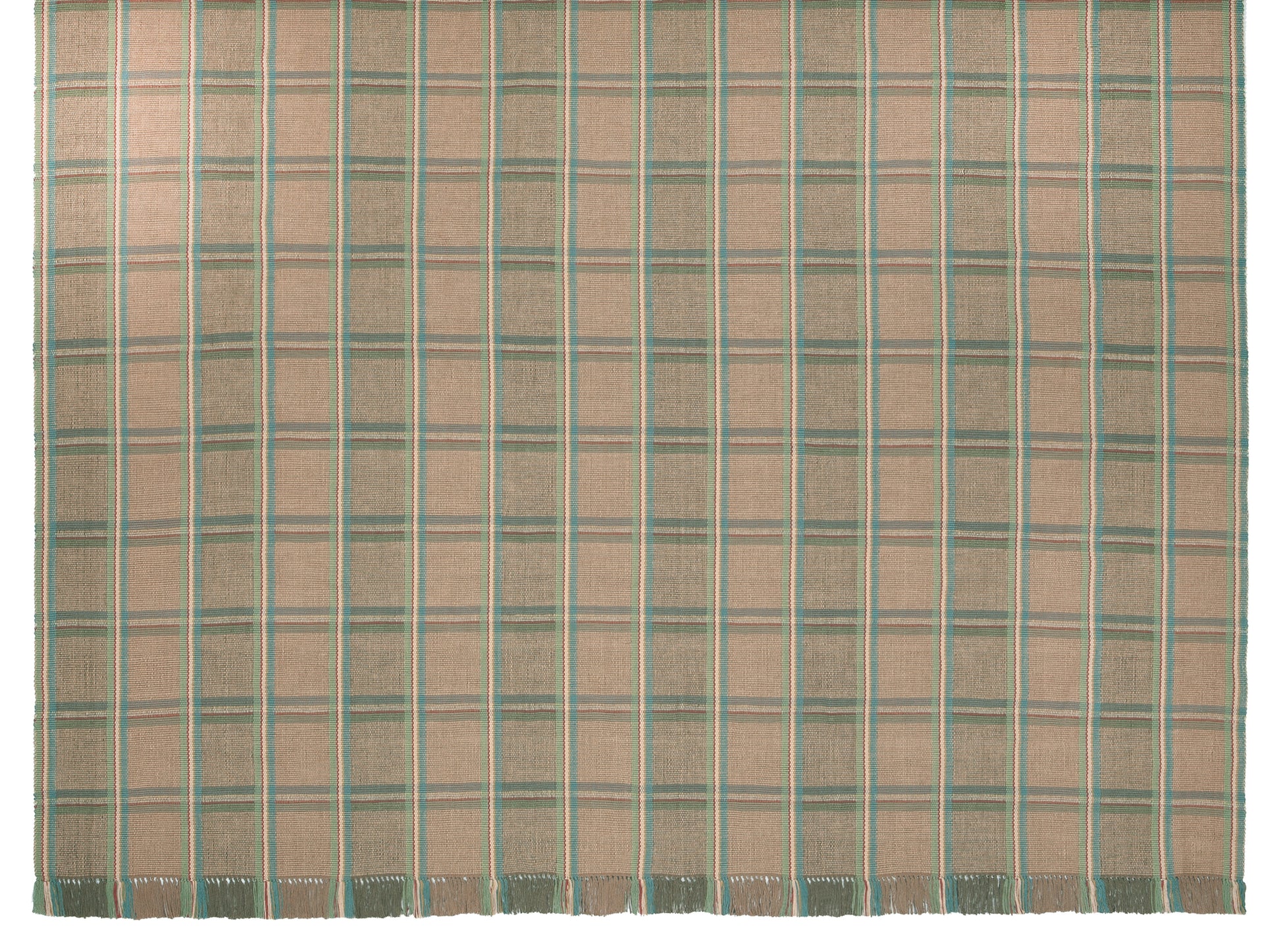 Amagansett #217-C is a versatile windowpane plaid of blue, green, cream, and rust stripes on a sandy background. With hints of blue, green and red and the neutral background, Amagansett coordinates with almost any color palette and is available in runners and area rug sizes up to 9 feet x 12 feet.