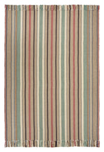 Ardmore #558-A is a bold vertical stripe design featuring tan, burgundy, green, blue and black. This rug is a focal point for any room, shown here in a 4 foot x 6 foot rug with fringed ends.