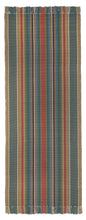Bank Street is a rich vertical stripe design in rust, cocoa, tan, green, teal and antique gold stripes. Shown here in a 27 inch x 6 foot long runner with fringed ends.