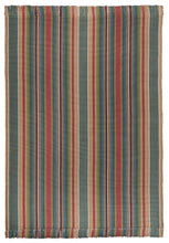 Bank Street is a rich vertical stripe design in rust, cocoa, tan, green, teal and antique gold stripes. Shown here in a 4 foot x 6 foot area rug with fringed ends.