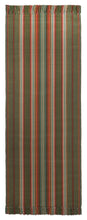 A vertical stripe flat woven rug design with red, rose, mushroom, blue, green, mustard, and brown stripes. Shown here in 27 inches x 6 feet with fringed ends.