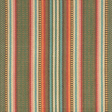 A vertical stripe flat woven rug design with red, rose, mushroom, blue, green, mustard, and brown stripes. Available in runner and area rug sizes.