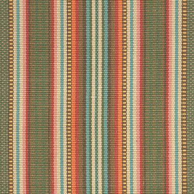 A vertical stripe flat woven rug design with red, rose, mushroom, blue, green, mustard, and brown stripes. Available in runner and area rug sizes.