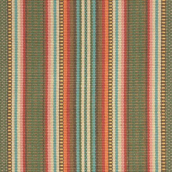 A vertical stripe flat woven rug design with red, rose, mushroom, blue, green, mustard, and brown stripes. Available in runner and area rug sizes.