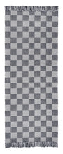 A traditional checkerboard pattern in classic charcoal and beige. Not as harsh as black and white but still within that neutral color palette. Coordinates with all decorating styles from modern to traditional. Shown here in a 6 foot long runner with fringed ends. Also available with bound ends.