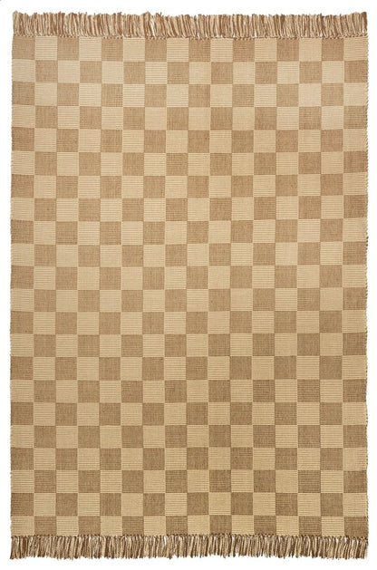 A traditional checkerboard pattern in classic tan and beige. Soft neutral colors coordinate with all decorating styles from modern to traditional. Shown here in an area rug size with fringed ends.