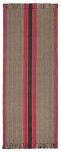 Bold red and black central stripes with natural and charcoal special weave background with red stripes on each edge. Shown here as a 6 foot long runner with fringed ends.