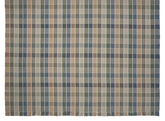 Eaton Square #43-G is a traditional checked pattern in cool greens and blues perfect for a beach house. It includes several shades of blues and greens including celadon and tan squares with cream lines. Beautiful with fringed or bound ends. Pictured here as a room size area rug with fringed ends.