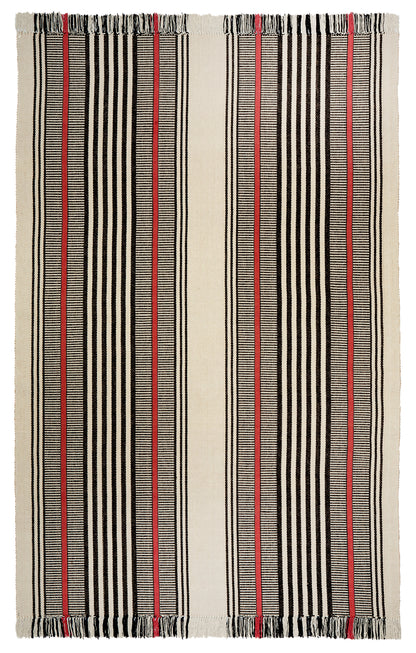 A bold design that is stunning on stairs or as a hall runner. Black and red stripes on a beige background make this a statement piece in any room. Classic and also modern, this design coordinates with any interior decorating style.