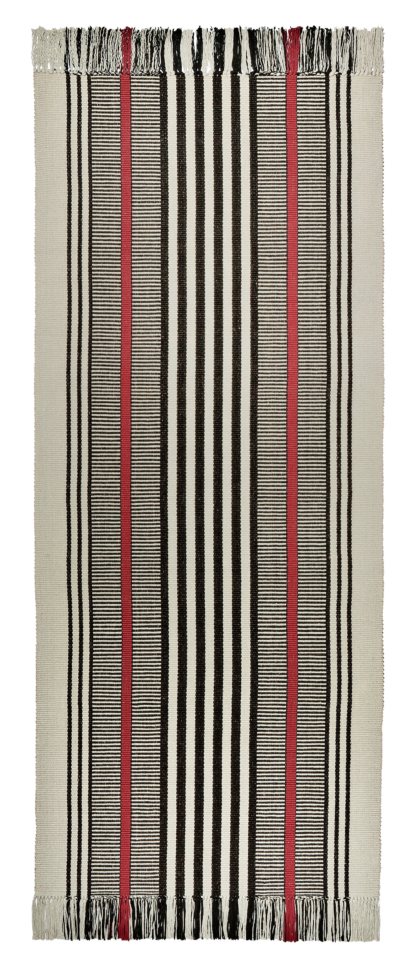 A bold design that is stunning on stairs or as a hall runner. Black and red stripes on a beige background make this a statement piece in any room. Classic and also modern, this design coordinates with any interior decorating style.