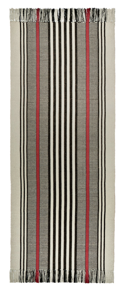 A bold design that is stunning on stairs or as a hall runner. Black and red stripes on a beige background make this a statement piece in any room. Classic and also modern, this design coordinates with any interior decorating style.