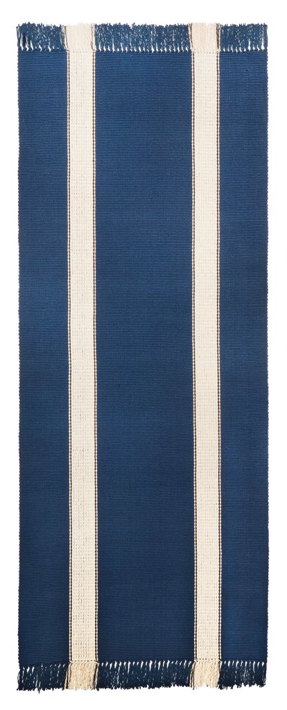 Pennsylvania Bars #21 features a natural stripe on navy blue background. Runners include one wide stripe on each side of the rug, while area rug sizes include two stripes per side. This very traditional design is a classic that never goes out of style.