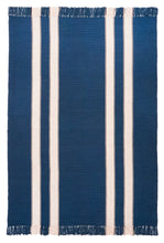 Pennsylvania Bars #21 features a natural stripe on navy blue background. Runners include one wide stripe on each side of the rug, while area rug sizes include two stripes per side. This very traditional design is a classic that never goes out of style.