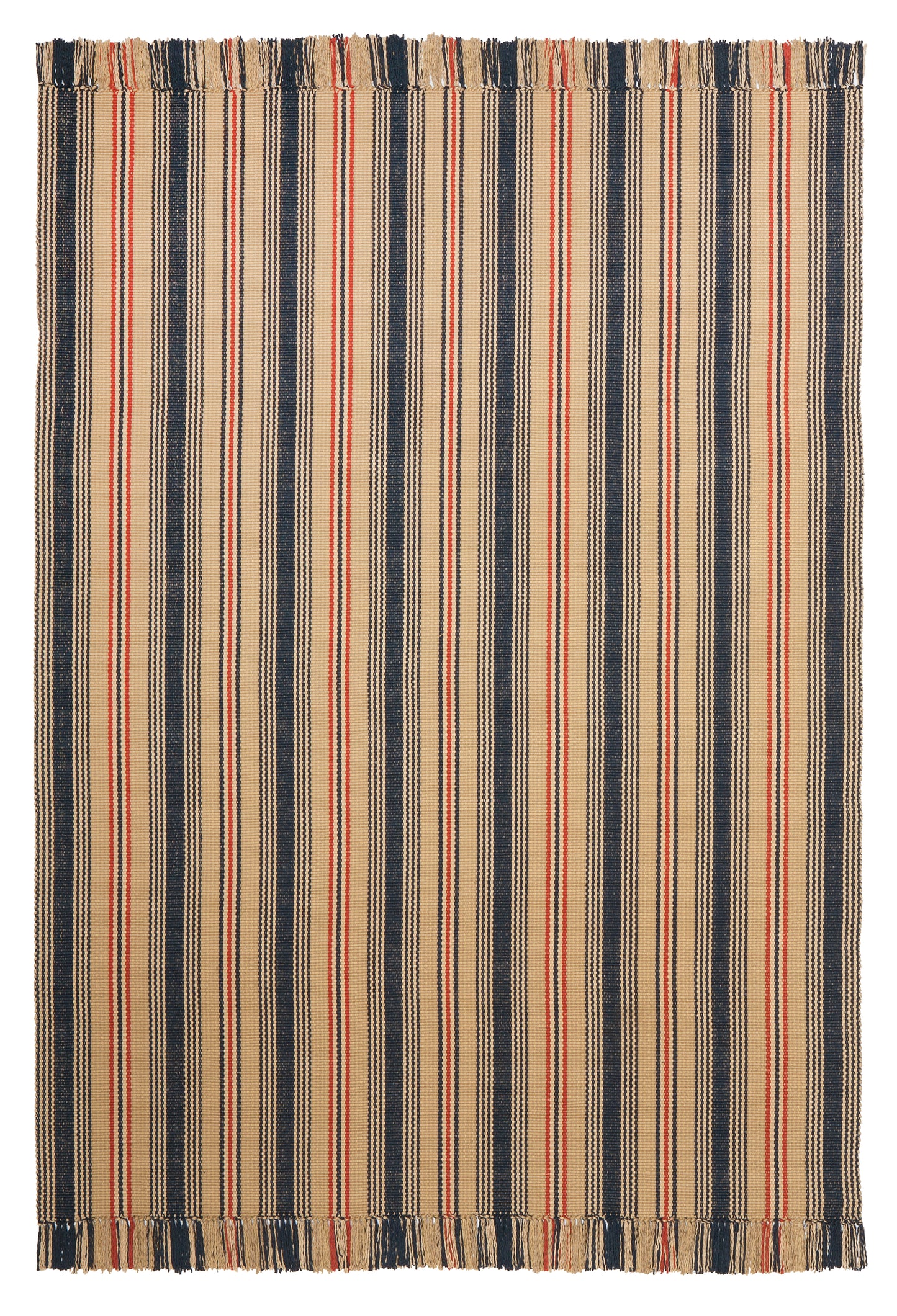 Preston #602 is a traditional vertical stripe design in a muted red, white and blue palette evoking antique Americana. Featuring navy, rust, putty, bisque, light goldenrod and cream stripes. Classical and patriotic, this design is wonderful as a stair runner, hall runner or area rug. 