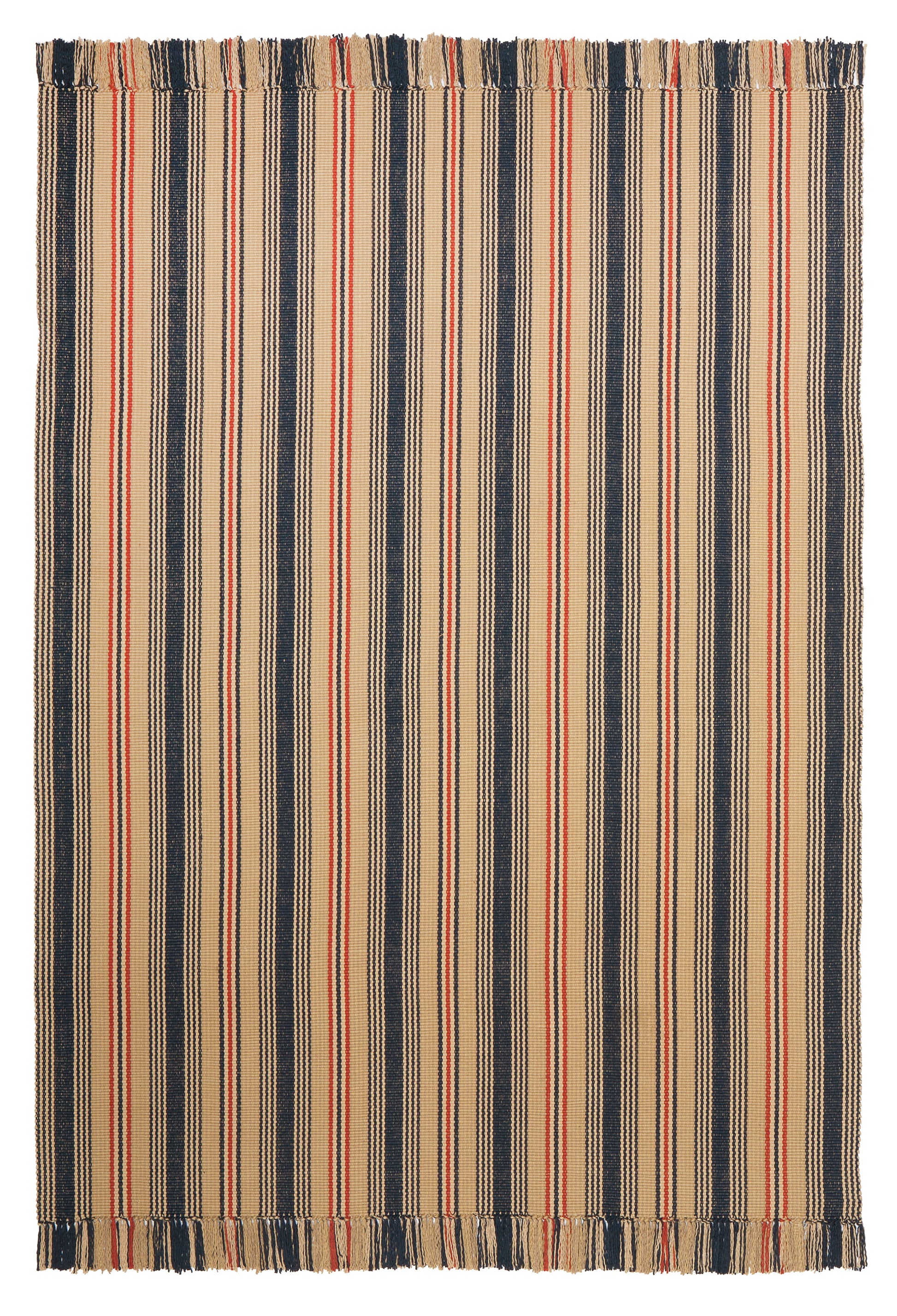 Preston #602 is a traditional vertical stripe design in a muted red, white and blue palette evoking antique Americana. Featuring navy, rust, putty, bisque, light goldenrod and cream stripes. Classical and patriotic, this design is wonderful as a stair runner, hall runner or area rug. 