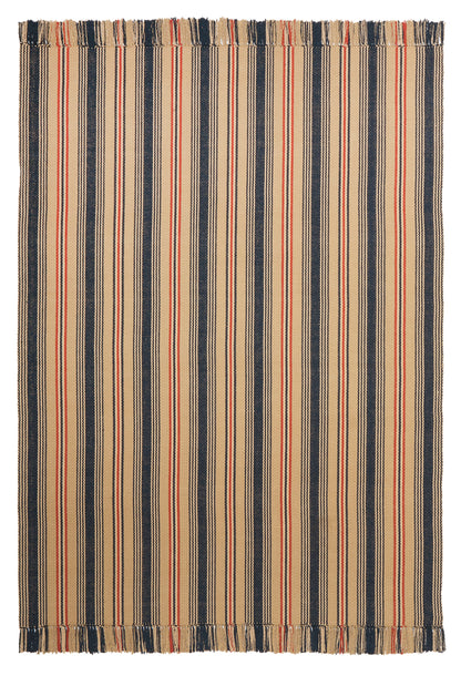 Preston #602 is a traditional vertical stripe design in a muted red, white and blue palette evoking antique Americana. Featuring navy, rust, putty, bisque, light goldenrod and cream stripes. Classical and patriotic, this design is wonderful as a stair runner, hall runner or area rug. 